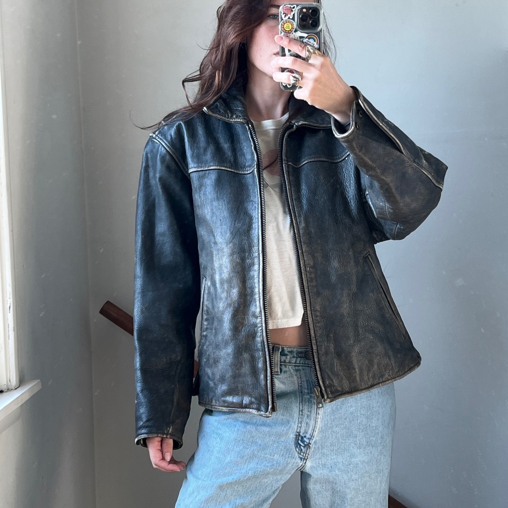 Vintage Leather Jacket 90s Bomber Brown Distressed Biker Moto Zip Worn Patina S